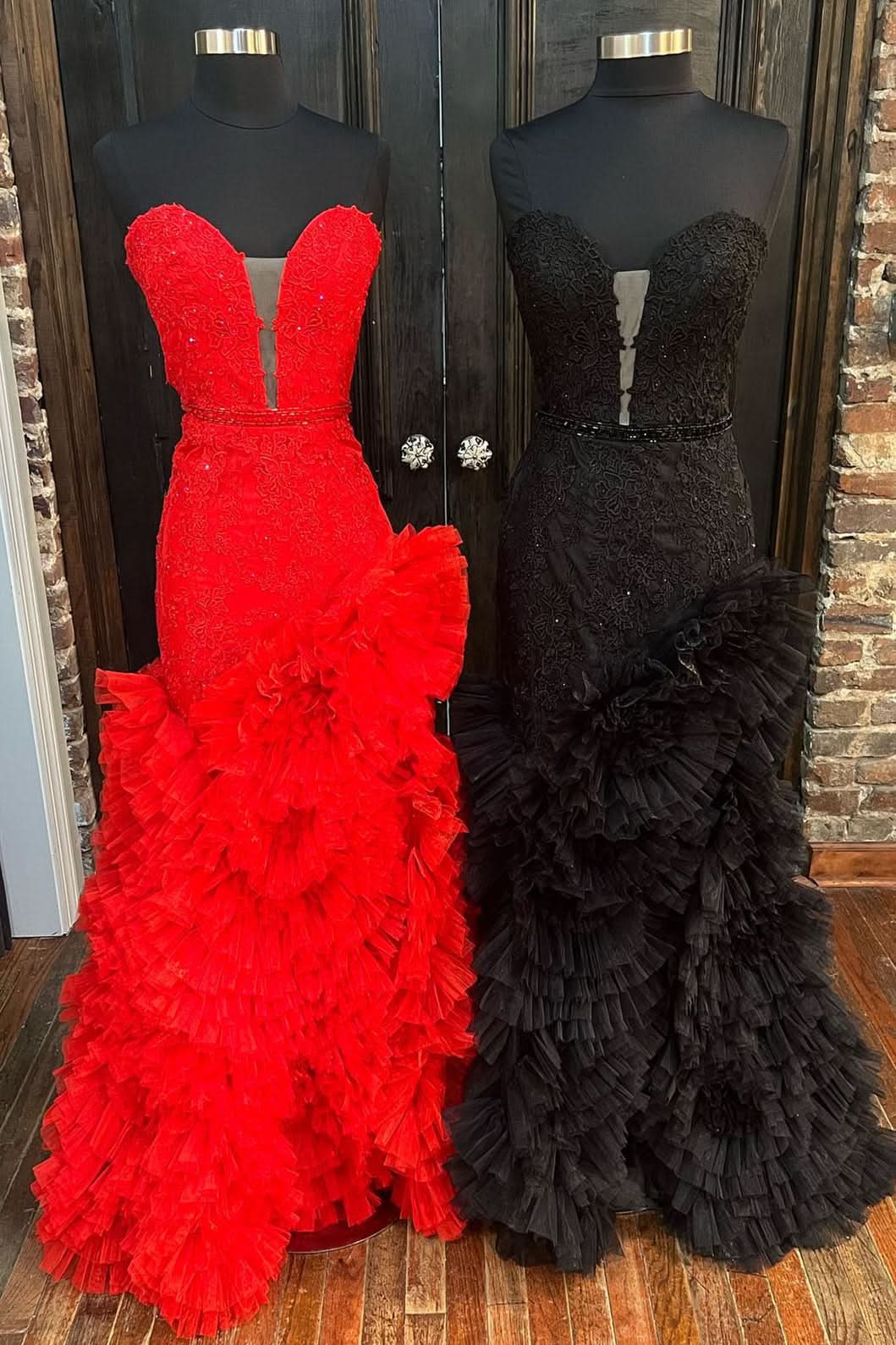 Exquisite Strapless Cut-Out Back Ruffle Layers Mermaid Prom Dress BM bride