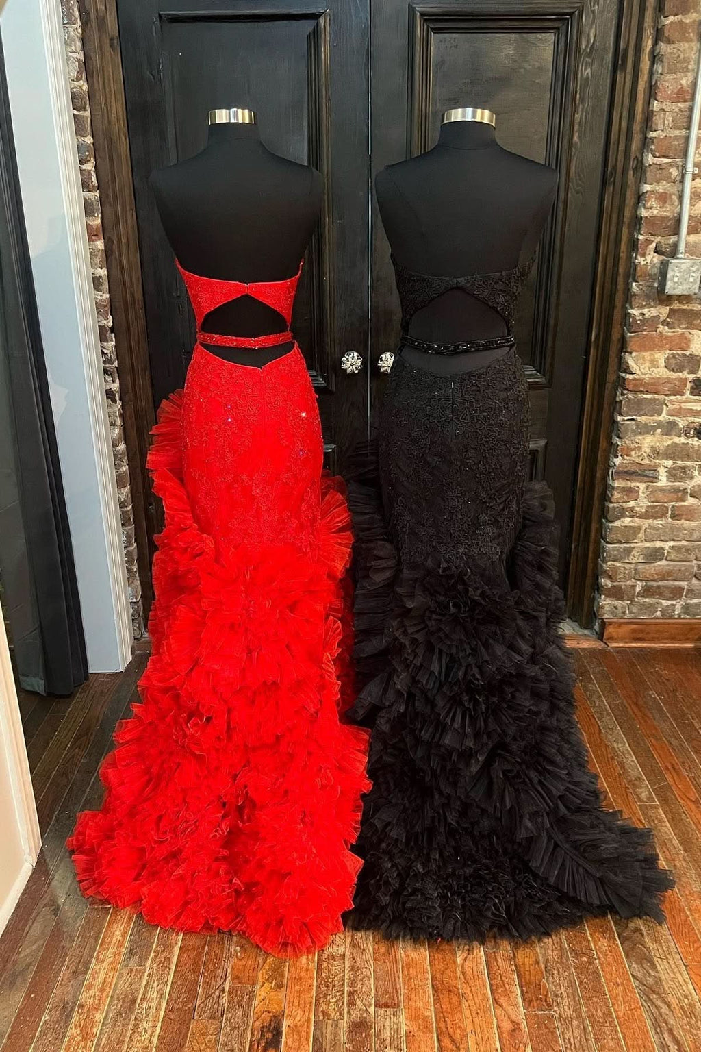 Exquisite Strapless Cut-Out Back Ruffle Layers Mermaid Prom Dress BM bride
