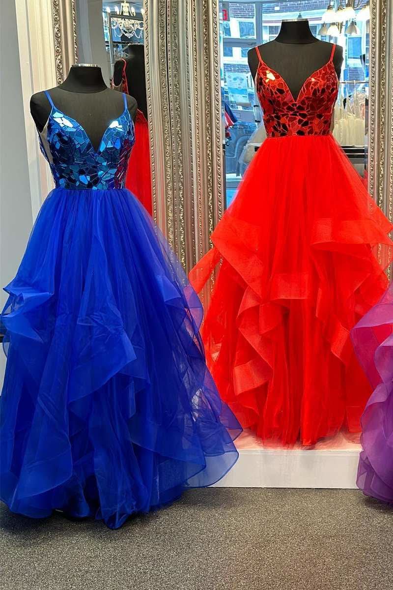 Dazzling A-Line V-Neck Mirror-Cut Sequins Ruffle Layers Long Prom Dress BM bride