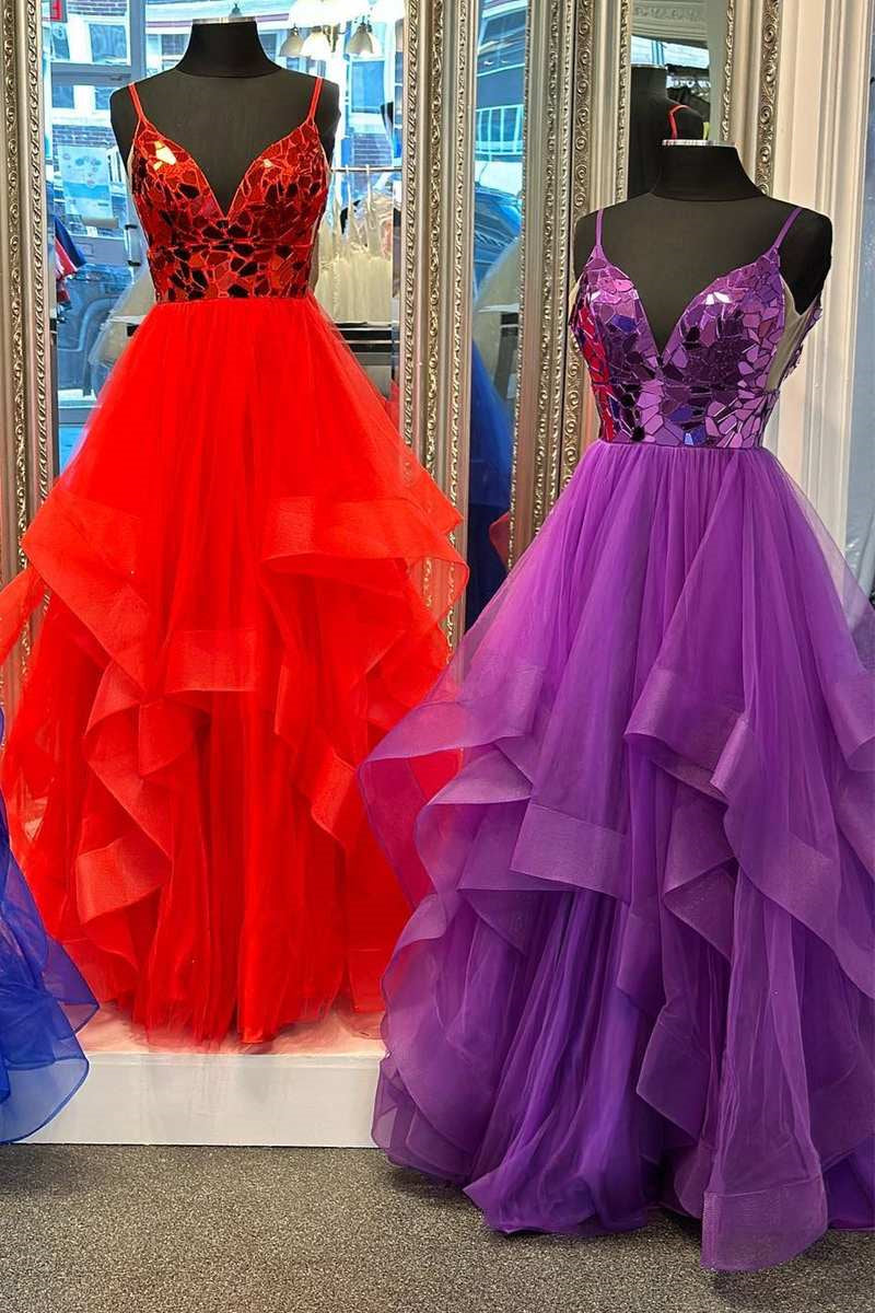 Dazzling A-Line V-Neck Mirror-Cut Sequins Ruffle Layers Long Prom Dress BM bride