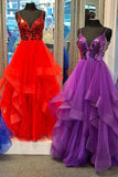 Dazzling A-Line V-Neck Mirror-Cut Sequins Ruffle Layers Long Prom Dress BM bride