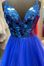 Dazzling A-Line V-Neck Mirror-Cut Sequins Ruffle Layers Long Prom Dress BM bride