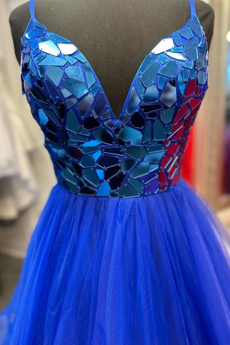 Dazzling A-Line V-Neck Mirror-Cut Sequins Ruffle Layers Long Prom Dress BM bride