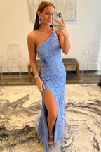 Chic Mermaid One-Shoulder Lace Long Prom Dress with a Stylish Slit BM bride