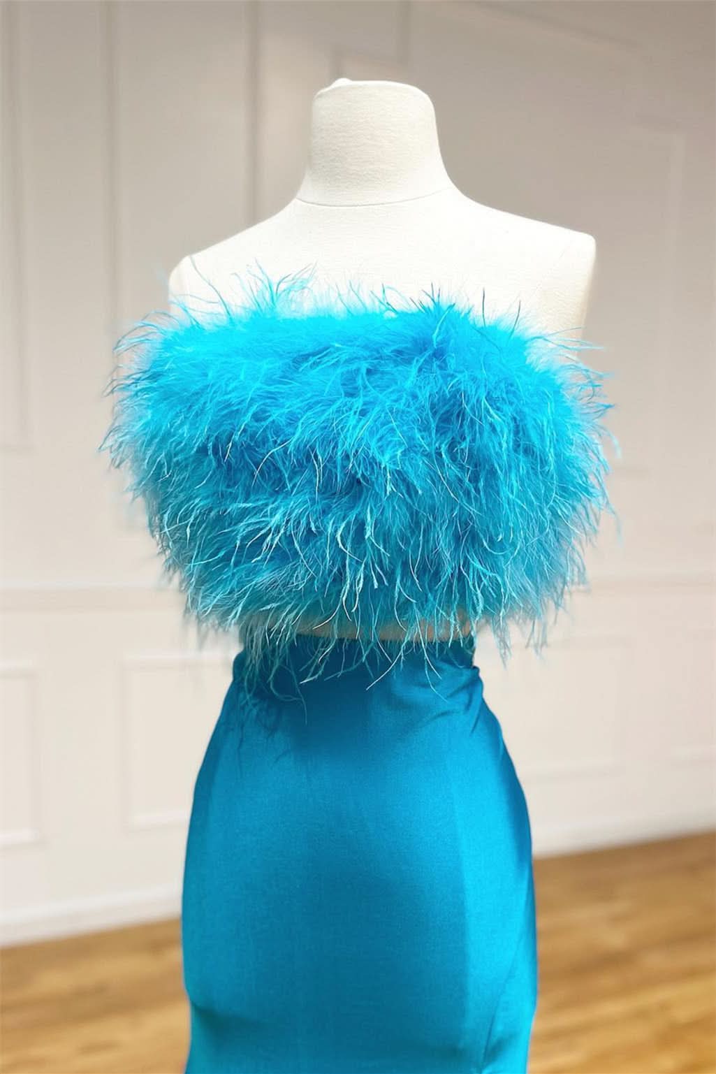 Beautiful Jade Two-Piece Feathers Strapless Satin Long Prom Dress with Slit BM bride