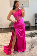 Elegant Sheath One Shoulder Pleated Satin Long Prom Dress BM bride