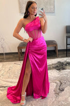 Elegant Sheath One Shoulder Pleated Satin Long Prom Dress BM bride