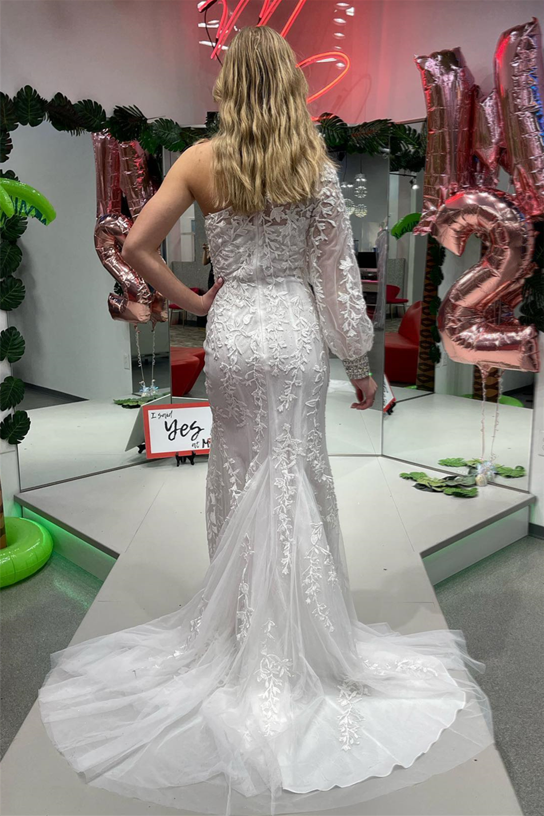 Stylish Mermaid One Shoulder Long Sleeve Lace Prom Dress BM bride