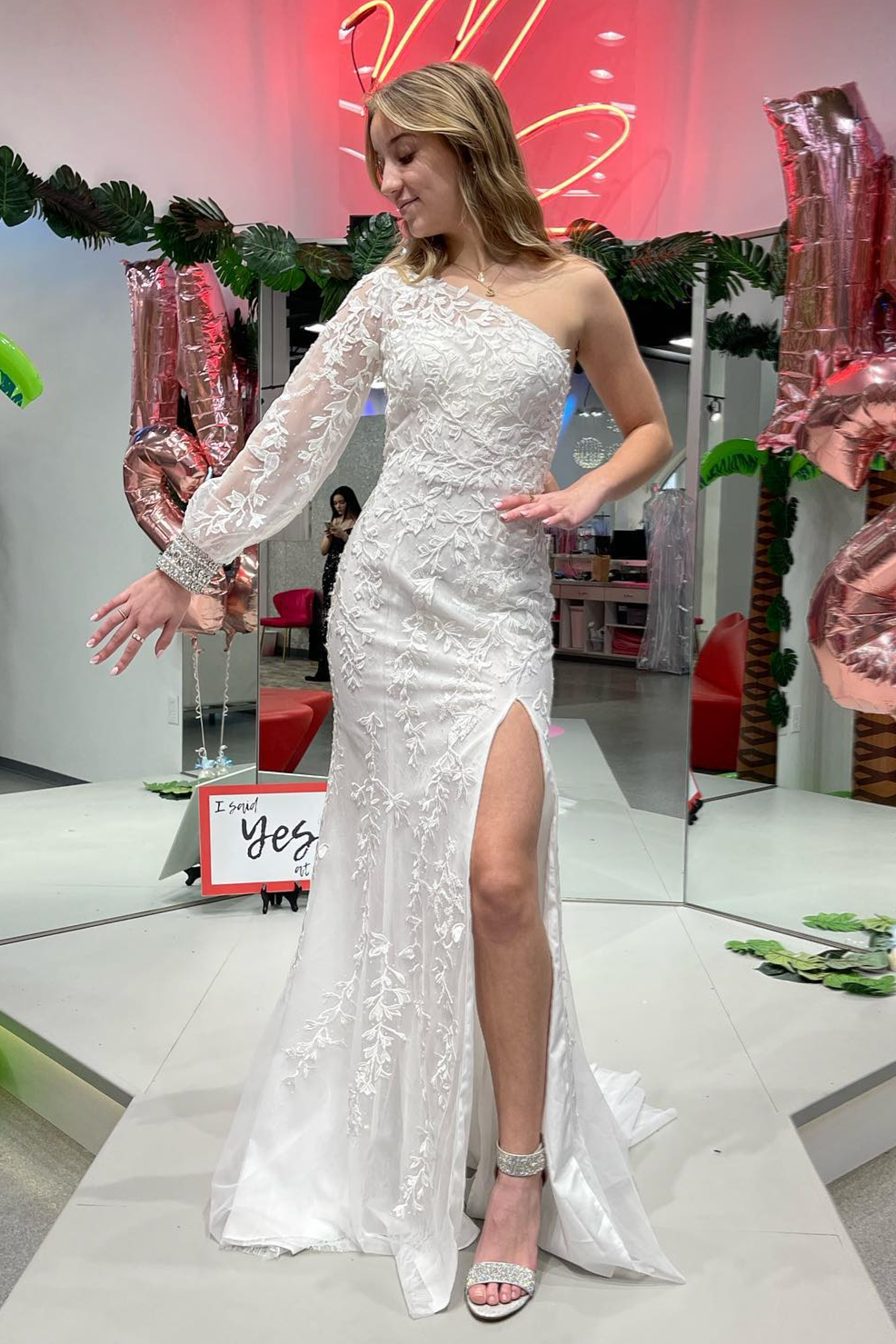 Stylish Mermaid One Shoulder Long Sleeve Lace Prom Dress BM bride