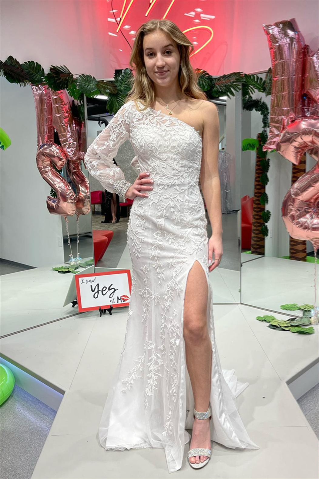 Stylish Mermaid One Shoulder Long Sleeve Lace Prom Dress BM bride