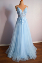 Beautiful Light Blue V Neck Lace-Up Appliques Tulle Long Prom Dress BM bride