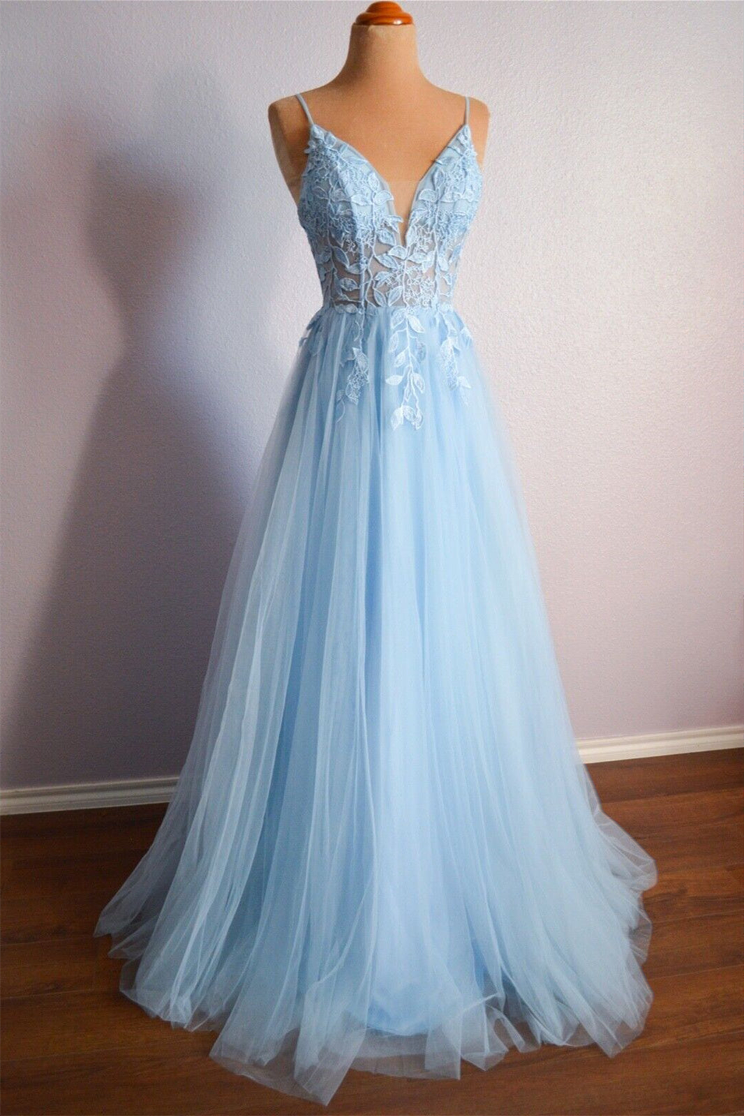 Beautiful Light Blue V Neck Lace-Up Appliques Tulle Long Prom Dress BM bride
