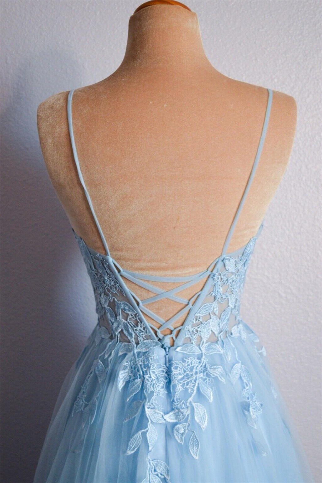 Beautiful Light Blue V Neck Lace-Up Appliques Tulle Long Prom Dress BM bride