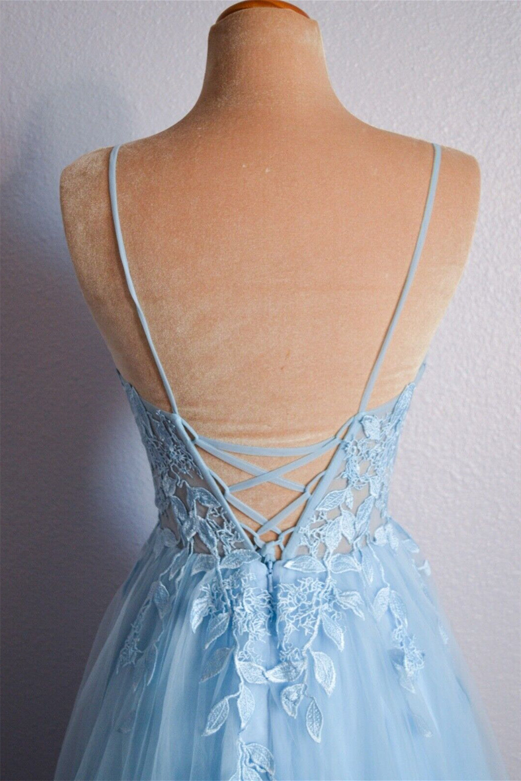 Beautiful Light Blue V Neck Lace-Up Appliques Tulle Long Prom Dress BM bride