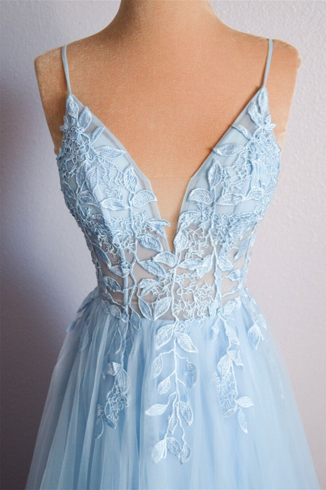 Beautiful Light Blue V Neck Lace-Up Appliques Tulle Long Prom Dress BM bride
