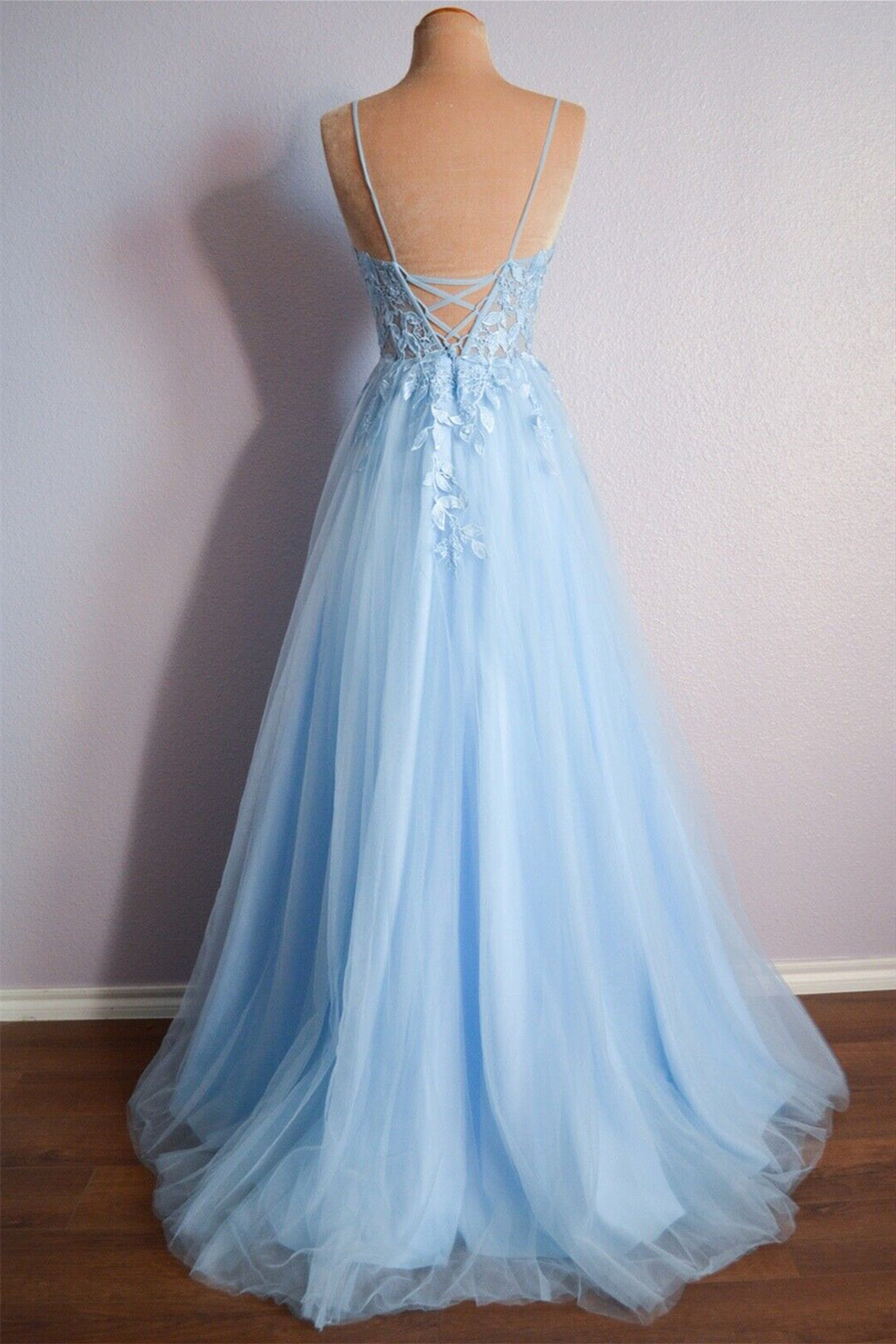 Beautiful Light Blue V Neck Lace-Up Appliques Tulle Long Prom Dress BM bride