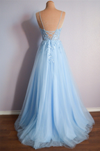 Beautiful Light Blue V Neck Lace-Up Appliques Tulle Long Prom Dress BM bride
