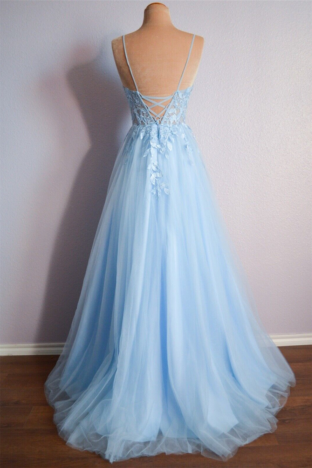 Beautiful Light Blue V Neck Lace-Up Appliques Tulle Long Prom Dress BM bride