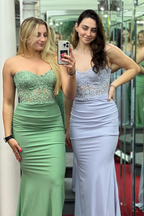 Exquisite Mermaid Strapless Appliques Satin Long Prom Dress BM bride