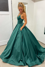 Stylish A-line Hunter Green V-Neck Satin Long Prom Dress BM bride