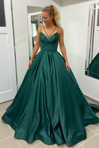 Stylish A-line Hunter Green V-Neck Satin Long Prom Dress BM bride