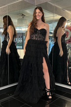 Delightful A-Line Strapless Tulle Long Prom Dress with Slit BM bride