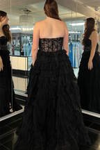 Delightful A-Line Strapless Tulle Long Prom Dress with Slit BM bride