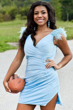 Chic Sheath Pleated Jersey Homecoming Dress with Feathers BM bride