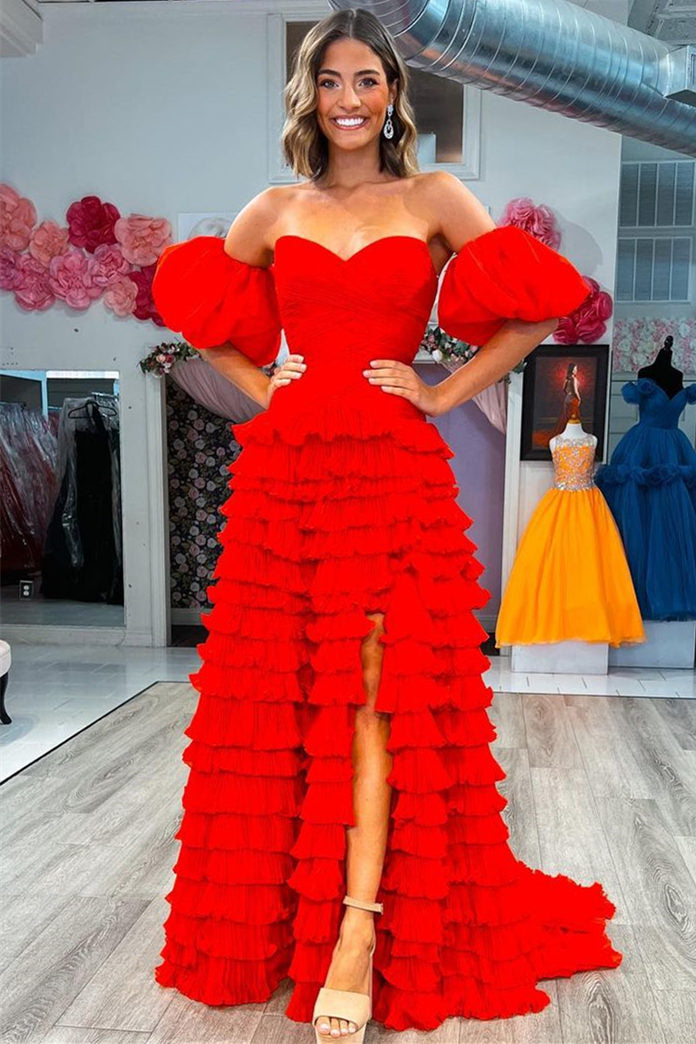 Charming Sweetheart Red Tiered Tulle Prom Dress with Balloon Sleeves BM bride