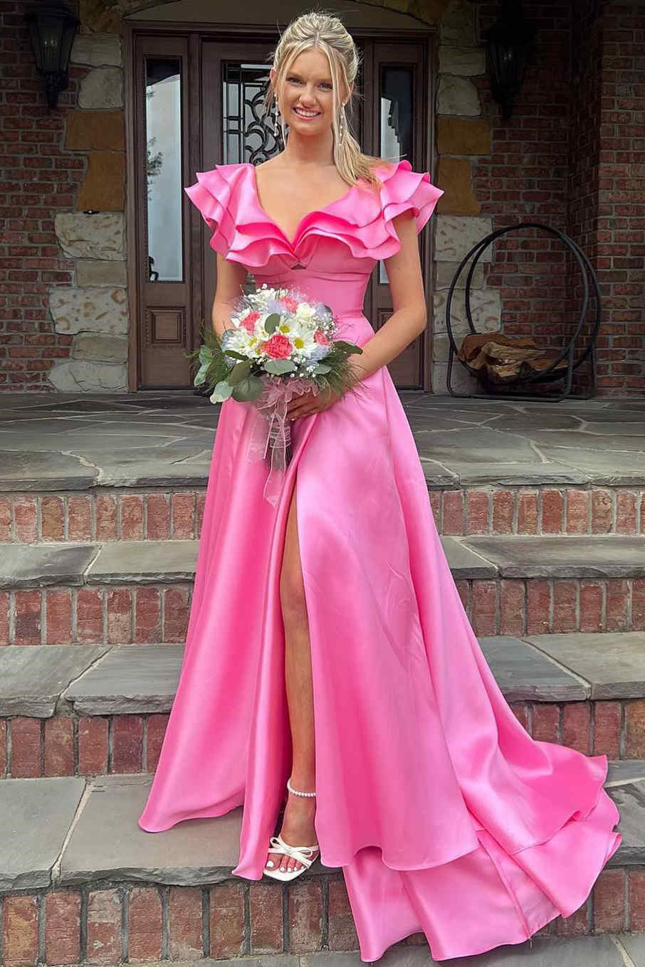 Captivating Hot Pink V-Neck Ruffle A-Line Long Prom Dress BM bride