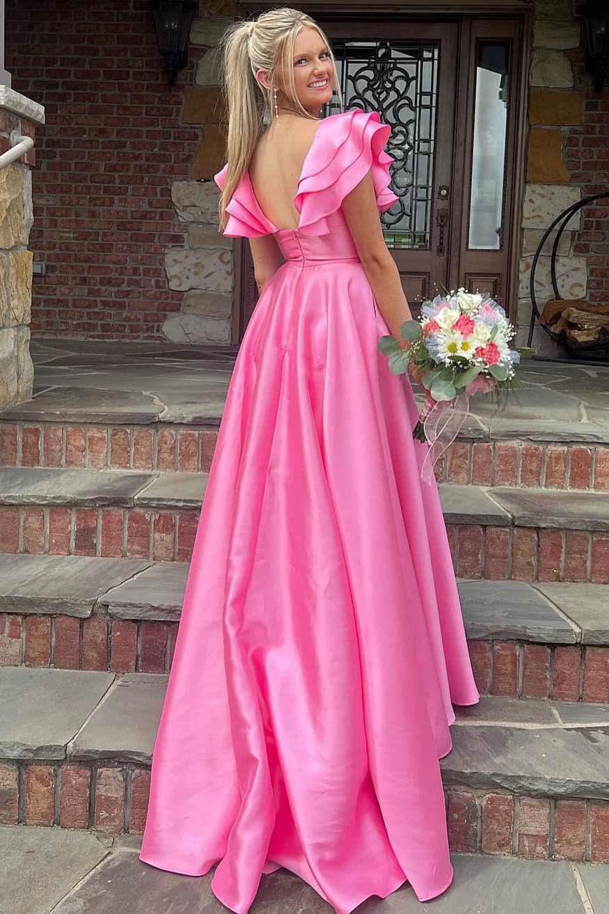 Captivating Hot Pink V-Neck Ruffle A-Line Long Prom Dress BM bride