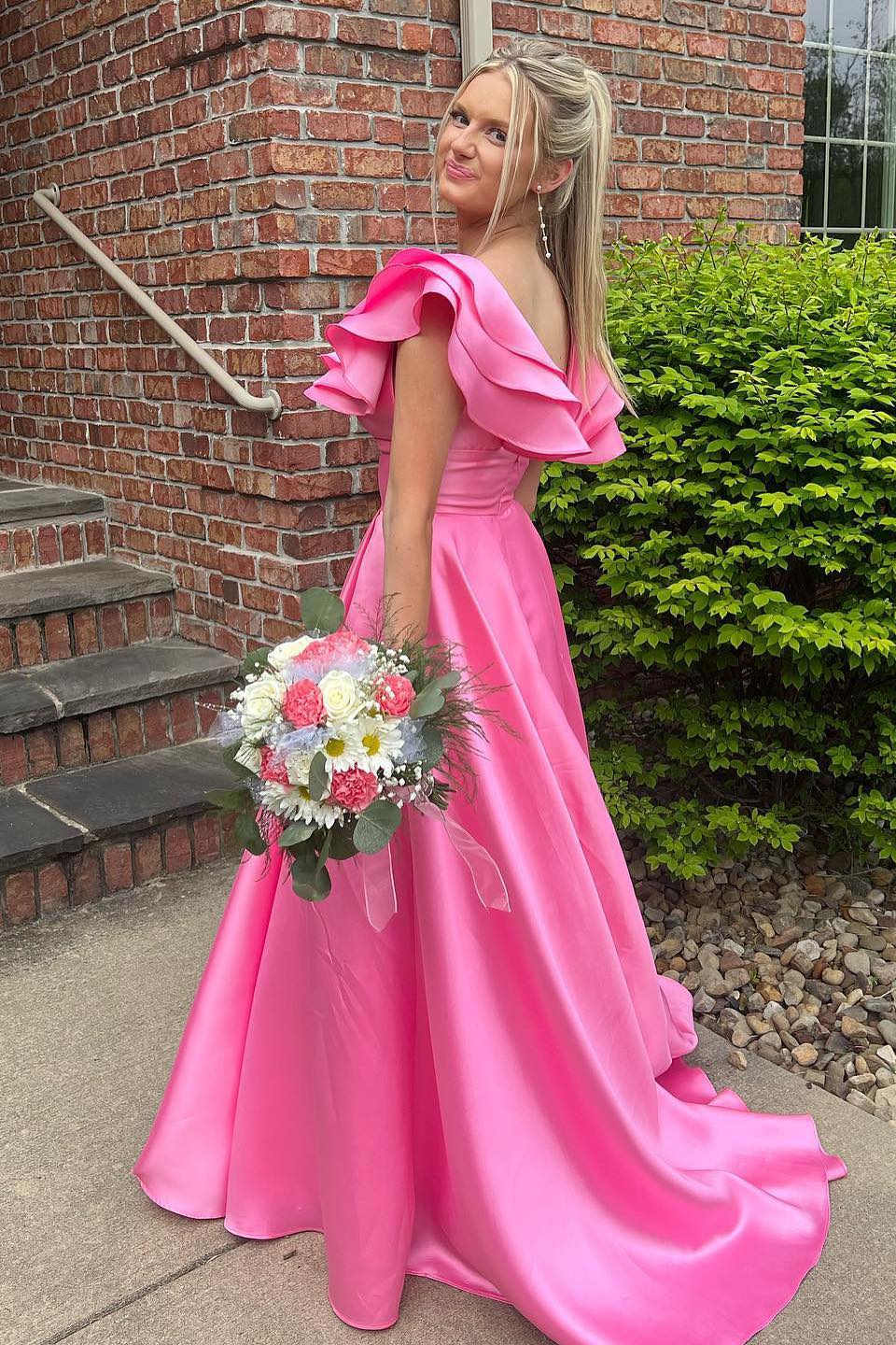 Captivating Hot Pink V-Neck Ruffle A-Line Long Prom Dress BM bride
