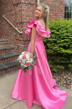 Captivating Hot Pink V-Neck Ruffle A-Line Long Prom Dress BM bride