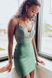 Striking Bodycon Lace-Up Deep V Neck Beaded Satin Homecoming Dress BM bride