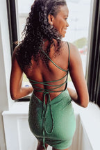 Striking Bodycon Lace-Up Deep V Neck Beaded Satin Homecoming Dress BM bride