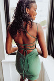 Striking Bodycon Lace-Up Deep V Neck Beaded Satin Homecoming Dress BM bride