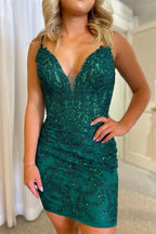 Elegant Deep V Neck Sheath Appliques Homecoming Dress BM bride