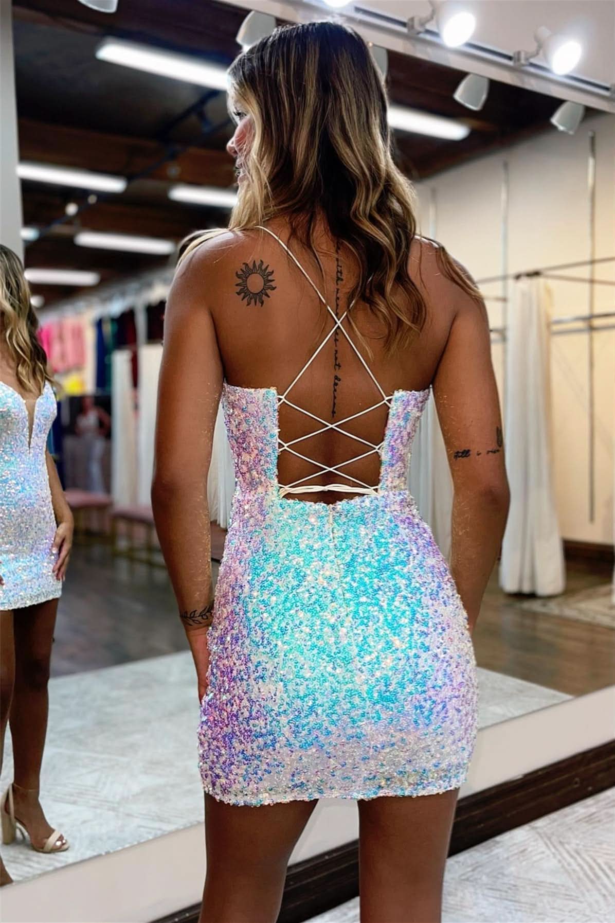 Elegant Bodycon Deep V Neck Sequins Homecoming Dress BM bride