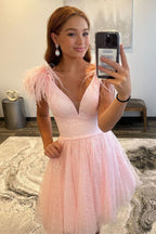 Exquisite Deep V Neck Tulle Homecoming Dress with Dramatic Feathers BM bride
