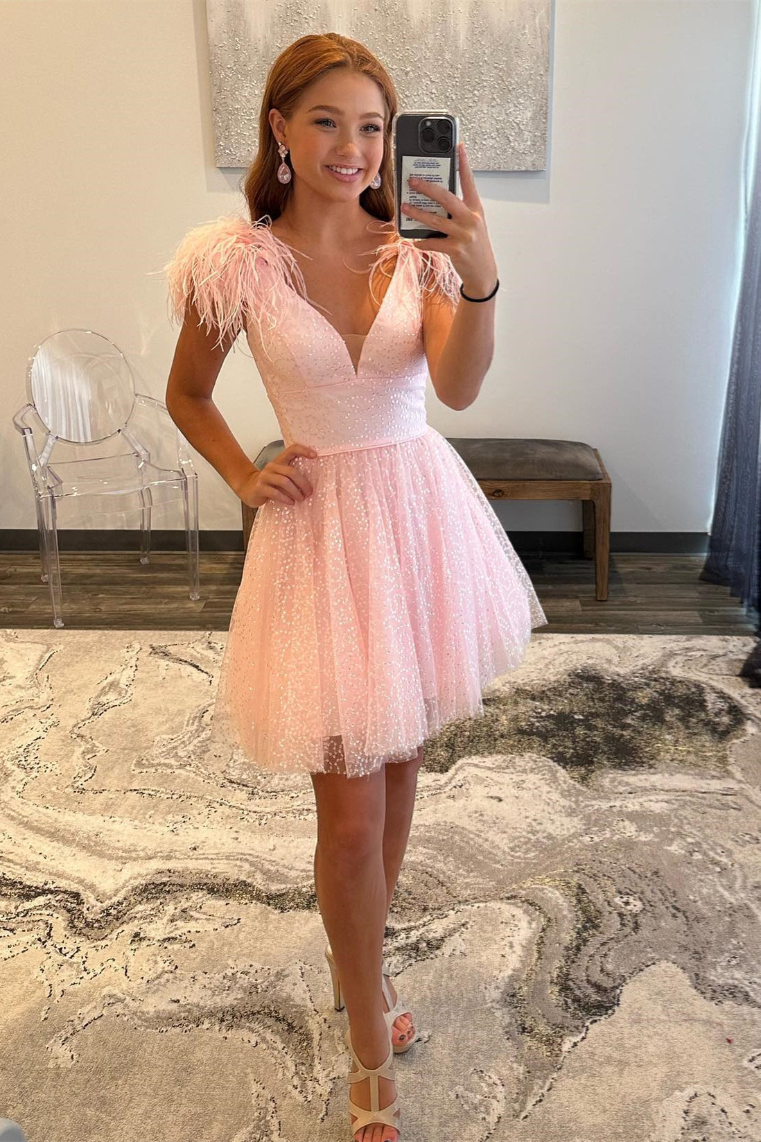 Exquisite Deep V Neck Tulle Homecoming Dress with Dramatic Feathers BM bride