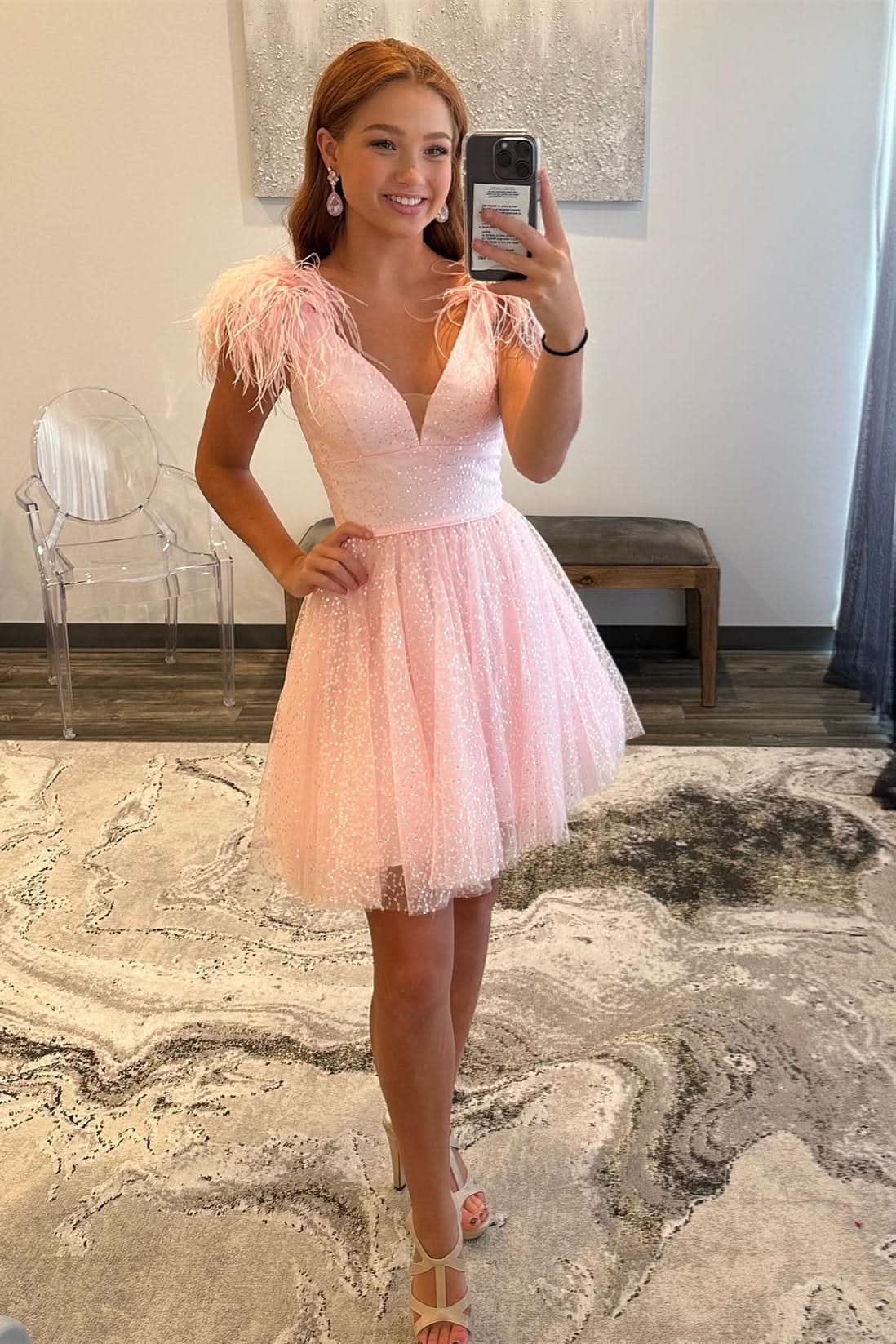 Exquisite Deep V Neck Tulle Homecoming Dress with Dramatic Feathers BM bride