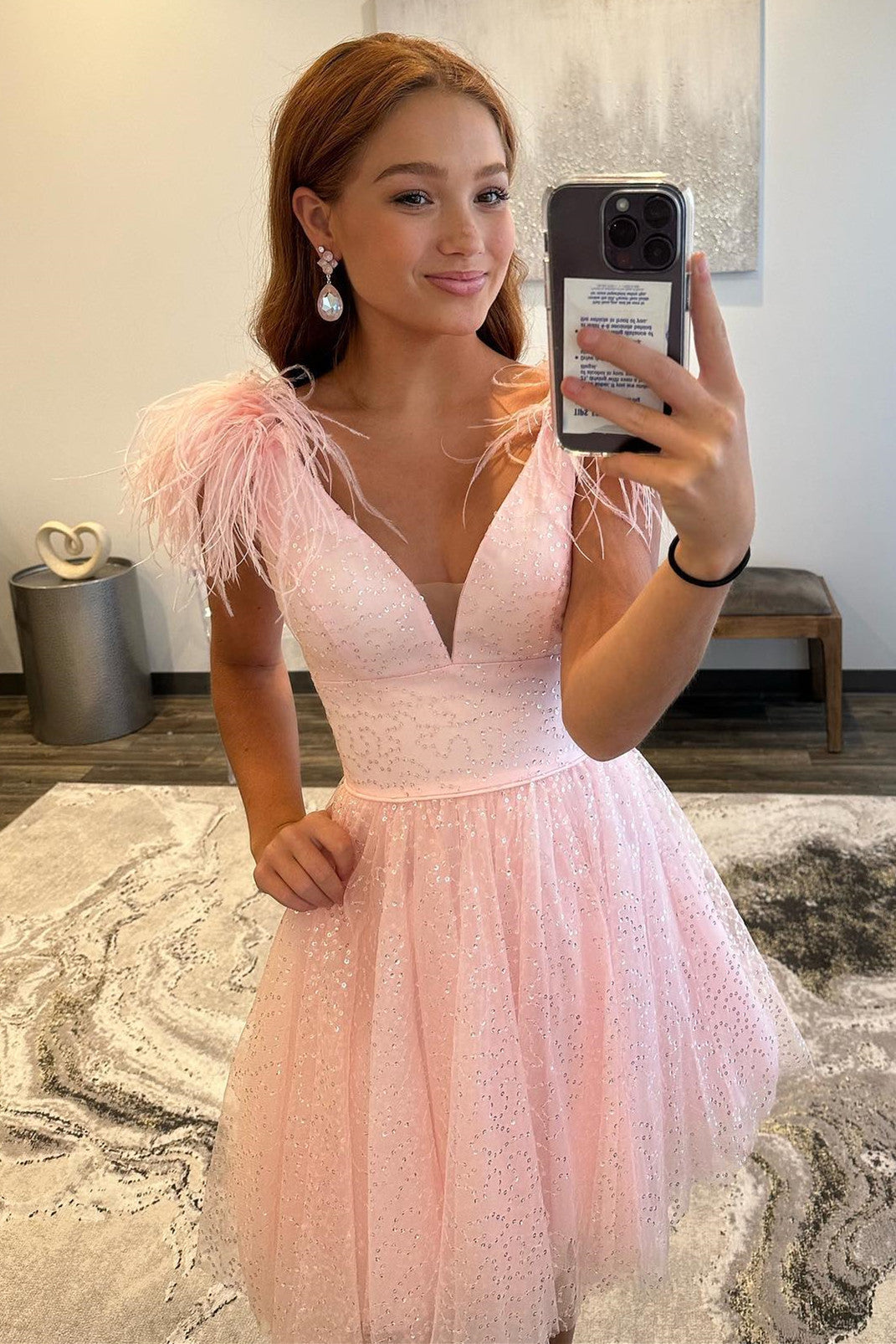 Exquisite Deep V Neck Tulle Homecoming Dress with Dramatic Feathers BM bride