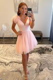 Exquisite Deep V Neck Tulle Homecoming Dress with Dramatic Feathers BM bride