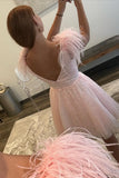 Exquisite Deep V Neck Tulle Homecoming Dress with Dramatic Feathers BM bride