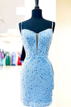 Charming White A-Line One Shoulder Navy Tiered Lace Short Homecoming Dress BM bride