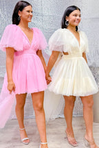 Stunning A-line Plunging V Neck Tulle Homecoming Dress BM bride