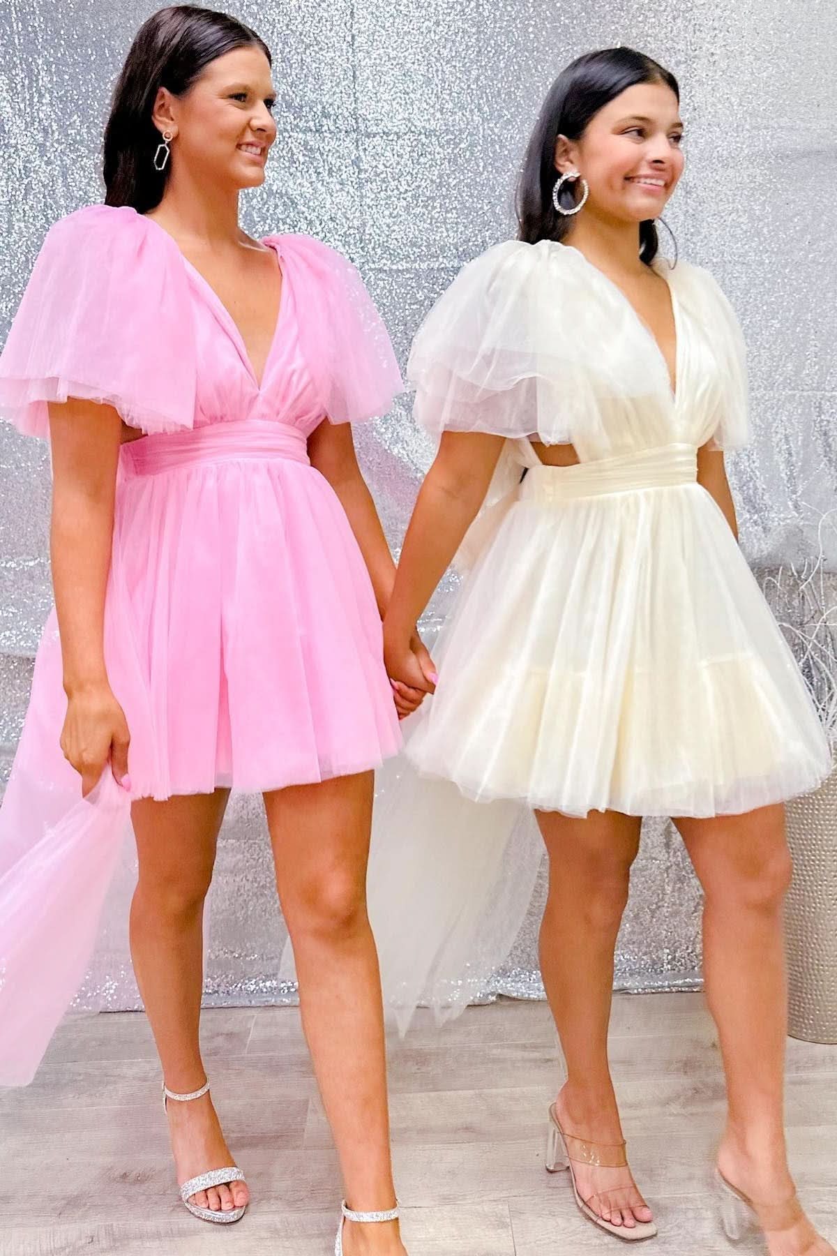 Stunning A-line Plunging V Neck Tulle Homecoming Dress BM bride