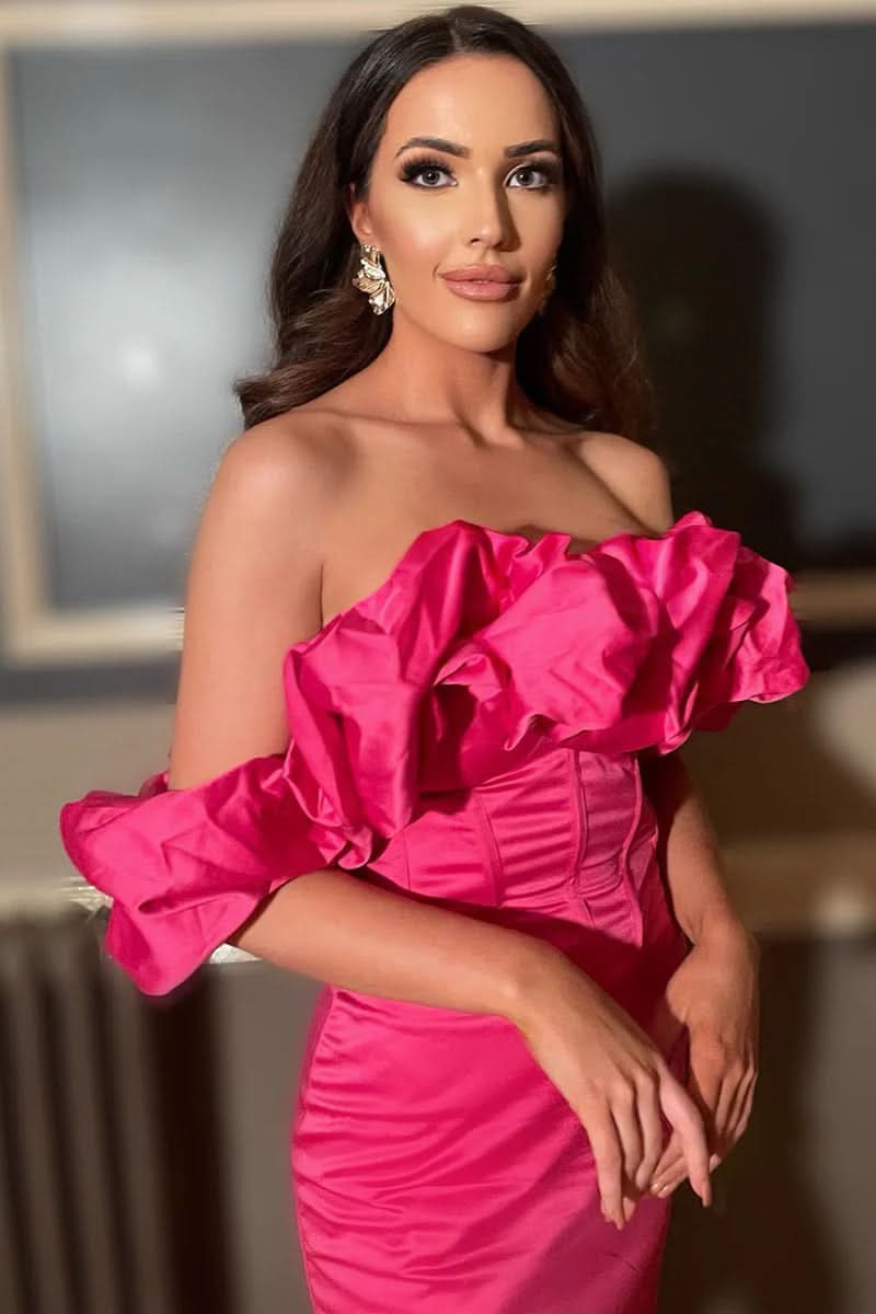 Vibrant Red Off-the-Shoulder Bodycon Cocktail Dress with Playful Ruffles BM bride