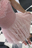 Trendy Mesh Strapless Ruching Short Homecoming Dress with Feathers BM bride