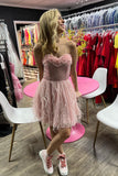 Trendy Mesh Strapless Ruching Short Homecoming Dress with Feathers BM bride